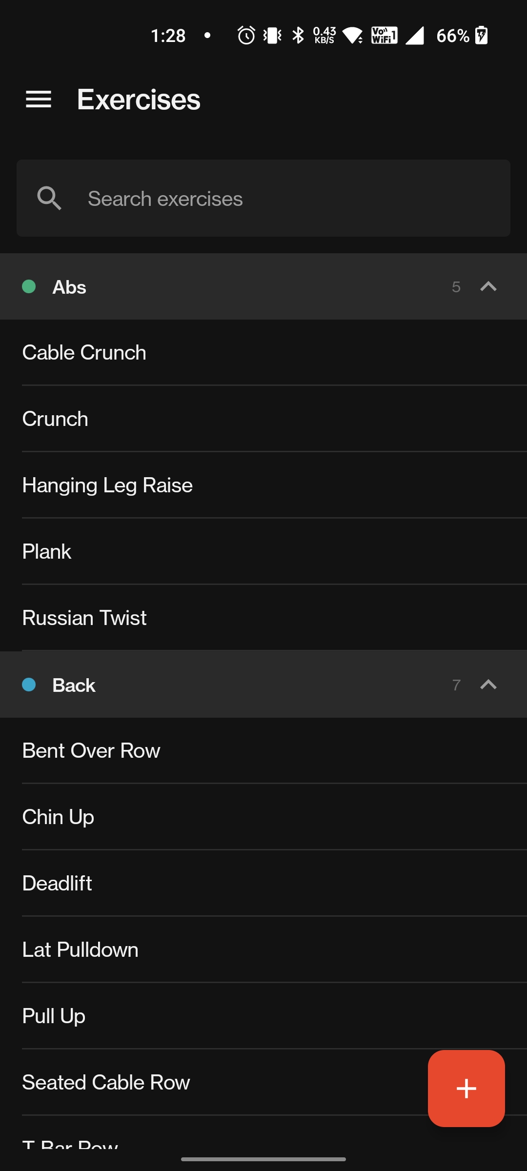 Forge exercise library grouped by muscle group