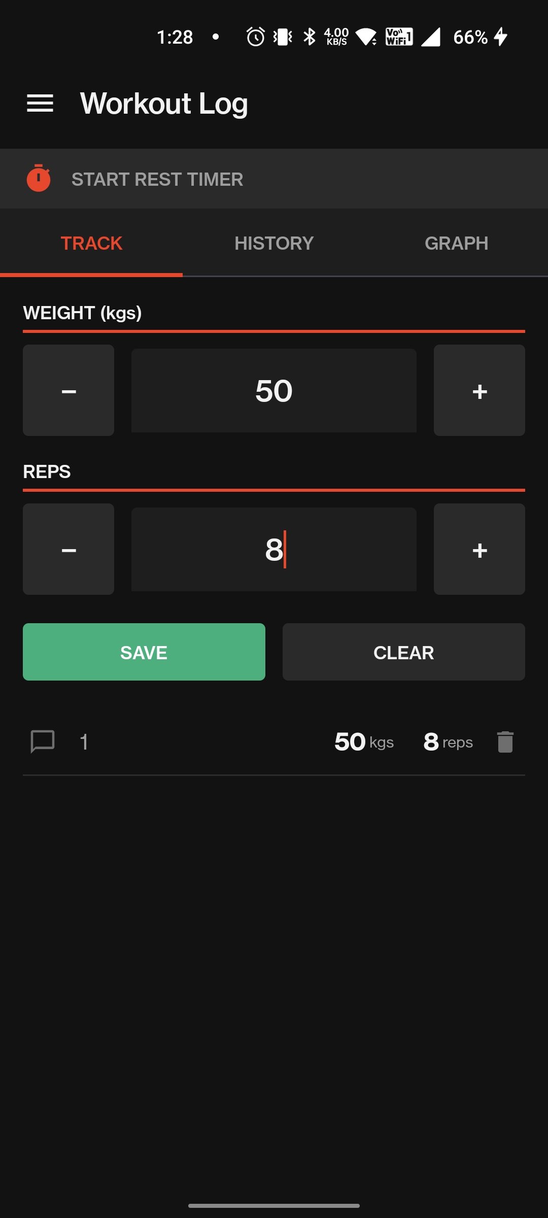 Forge workout log — tracking weight and reps with a rest timer